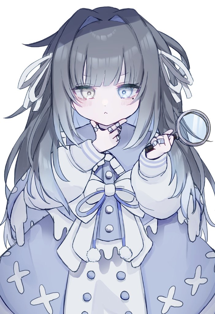 arazan (ara arazan24), indie virtual youtuber, commentary request, commission, skeb commission, 1girl, :<, bandaid, bandaid on finger, bandaid on hand, black hair, blue cape, blue dress, blue eyes, blue hair, blunt bangs, buttons, cape, colored inner hair, detective, double-breasted, dress, frilled dress, frills, gradient hair, hair intakes, hair ribbon, hand on own chin, heterochromia, holding, holding magnifying glass, long hair, long sleeves, magnifying glass, mole, mole under eye, multicolored hair, pale color, puffy long sleeves, puffy sleeves, ribbon, sidelocks, simple background, solo, standing, straight-on, stroking own chin, tantei hatena, thinking, two-tone dress, virtual youtuber, white background, white dress, white ribbon, yellow eyes