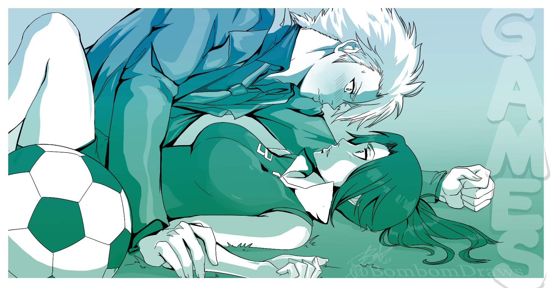 hitsugaya toushirou, kurosaki karin, bleach, bleach: sennen kessen-hen, commentary, english commentary, highres, 1boy, 1girl, ball, blush, bombomdraws, breasts, hetero, large breasts, limited palette, loose necktie, lying, necktie, on back, ponytail, shirt, sleeveless, sleeveless shirt, soccer ball, sweatdrop