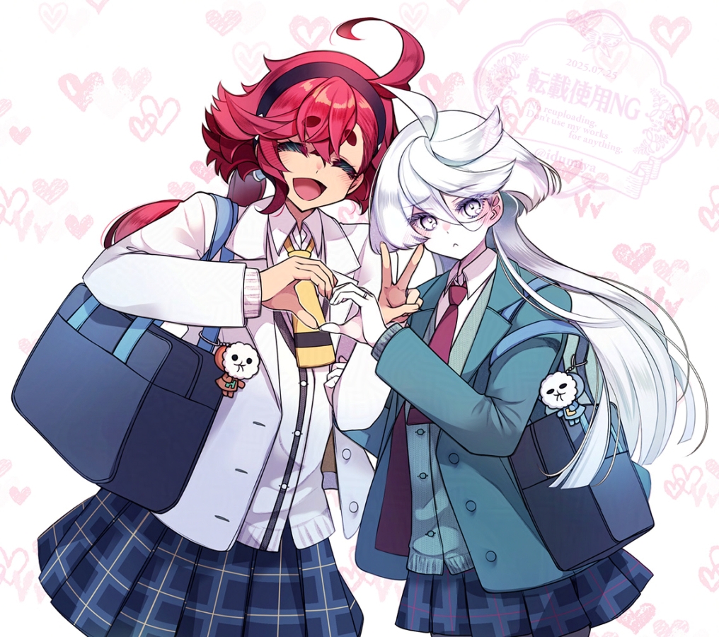 izumiya otoha, miorine rembran, suletta mercury, gundam, gundam suisei no majo, commentary request, 2girls, ^ ^, ahoge, aqua cardigan, aqua jacket, bag, black hairband, blazer, blue skirt, blush, cardigan, closed eyes, closed mouth, collared shirt, cowboy shot, dark-skinned female, dark skin, frown, hairband, hands up, heart, heart background, heart hands, heart hands duo, jacket, layered sleeves, long hair, long sleeves, multiple girls, necktie, open clothes, open jacket, open mouth, partially unbuttoned, plaid clothes, plaid skirt, pleated skirt, red hair, red necktie, school bag, school uniform, shirt, short eyebrows, short hair with long locks, shoulder bag, skirt, smile, v, watermark, white background, white cardigan, white eyes, white hair, white jacket, white shirt, wing collar, yellow necktie