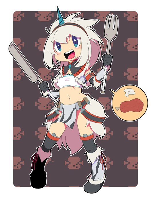 mizuha (pixiv), mzh, capcom, monster hunter (series), 1girl, armor, blue eyes, detached sleeves, elbow gloves, female focus, food, fork, gloves, hairband, horns, hungry, kirin (armor), knife, meat, midriff, open mouth, saliva, short hair, single horn, smile, solo, thighhighs, white hair