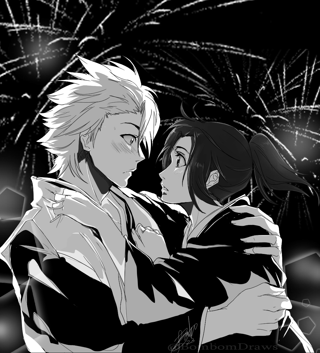 hitsugaya toushirou, kurosaki karin, bleach, bleach: epilogue, commentary, english commentary, 1boy, 1girl, blush, bombomdraws, eye contact, fireworks, frown, greyscale, haori, hetero, hitsugaya toushirou (adult), japanese clothes, looking at another, monochrome, shihakusho, signature, taichou haori