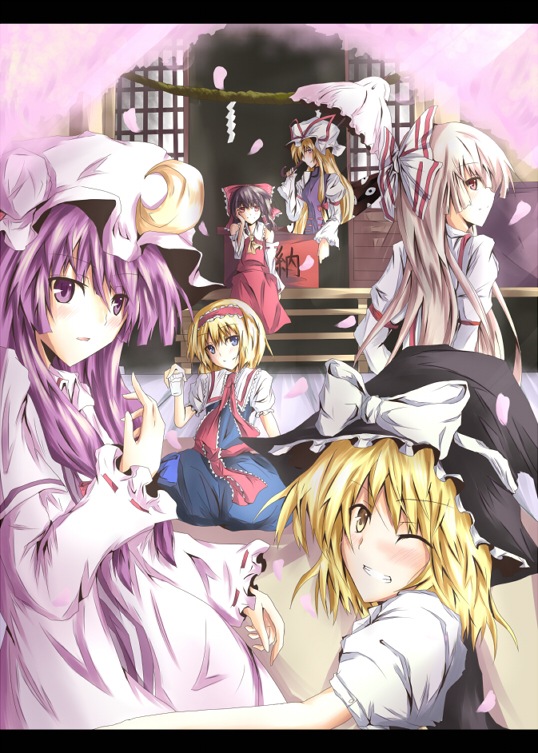 ram hachimin, alice margatroid, fujiwara no mokou, hakurei reimu, kirisame marisa, patchouli knowledge, yakumo yukari, touhou, 6+girls, blonde hair, blue eyes, brown hair, detached sleeves, female focus, hair ribbon, hairband, hat, japanese clothes, letterboxed, miko, multiple girls, one eye closed, petals, purple eyes, purple hair, red eyes, ribbon, umbrella, upper body, wink, yellow eyes