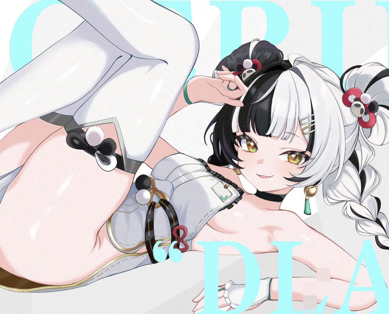 inami (x spidekawaii x), dialyn (zenless zone zero), zenless zone zero, commentary request, highres, 1girl, ahoge, bare shoulders, black hair, braid, braided twintails, breasts, china dress, chinese clothes, double bun, dress, earrings, grey background, hair bun, hair intakes, hair ornament, hairclip, hand on own head, id card, jewelry, legs up, long hair, looking at viewer, lying, medium breasts, mindscape cinema (zenless zone zero), multicolored hair, on back, open mouth, panda hair ornament, pelvic curtain, solo, split-color hair, strapless, strapless dress, thighhighs, two-tone background, white background, white dress, white hair, white thighhighs, yellow eyes