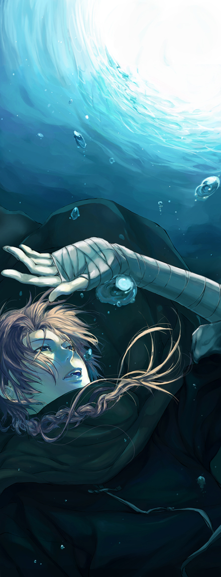 kusumori shiba, kamui, kamui (gintama), gintama, bad id, bad pixiv id, 00s, 1boy, asphyxiation, bandages, braid, brown hair, cape, drowning, male focus, single braid, solo, underwater