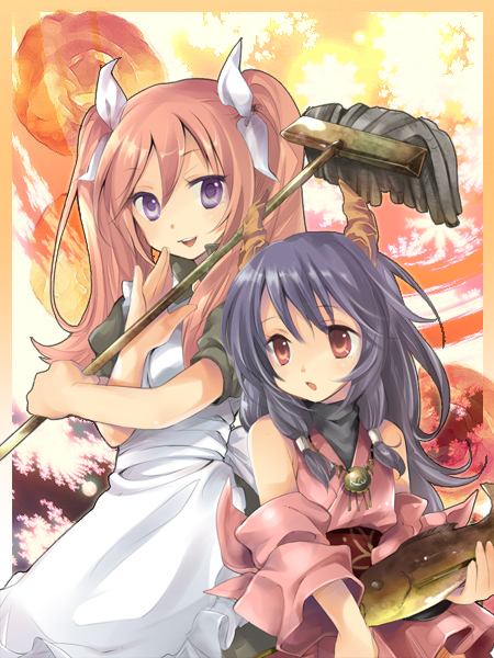 fujita yamari, yamari (cb8666), minatogawa renri, naga (staygarden), ryuujin naga, bad id, bad pixiv id, character request, 2girls, apron, bare shoulders, fish, long hair, mop, multiple girls, open mouth, purple hair, red eyes, red hair, smile