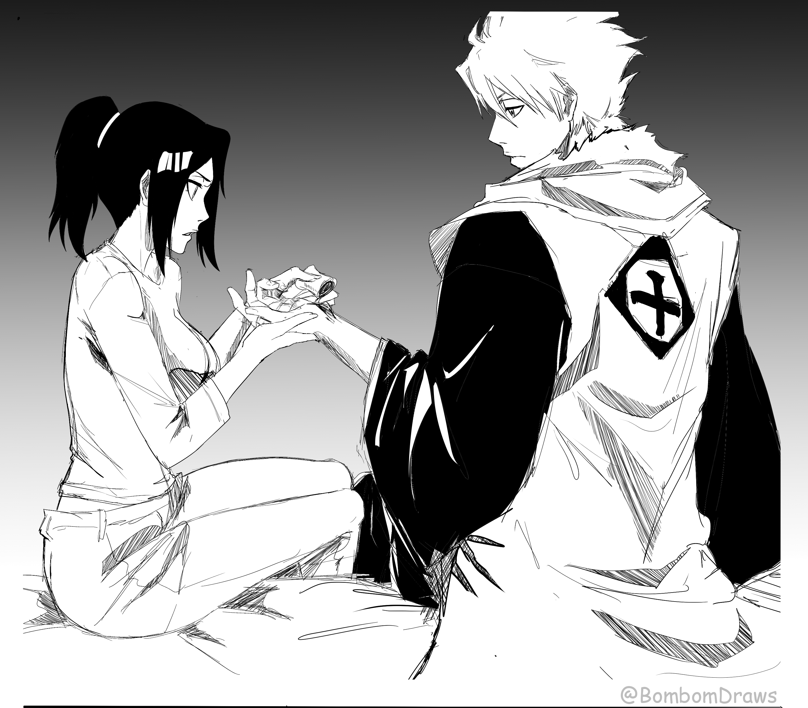 hitsugaya toushirou, kurosaki karin, bleach, bleach: epilogue, absurdres, commentary, english commentary, highres, 1boy, 1girl, bandages, bombomdraws, breasts, greyscale, haori, hitsugaya toushirou (adult), japanese clothes, large breasts, monochrome, open hand, ponytail, shihakusho, short shorts, shorts, sitting, sketch, taichou haori, twitter username
