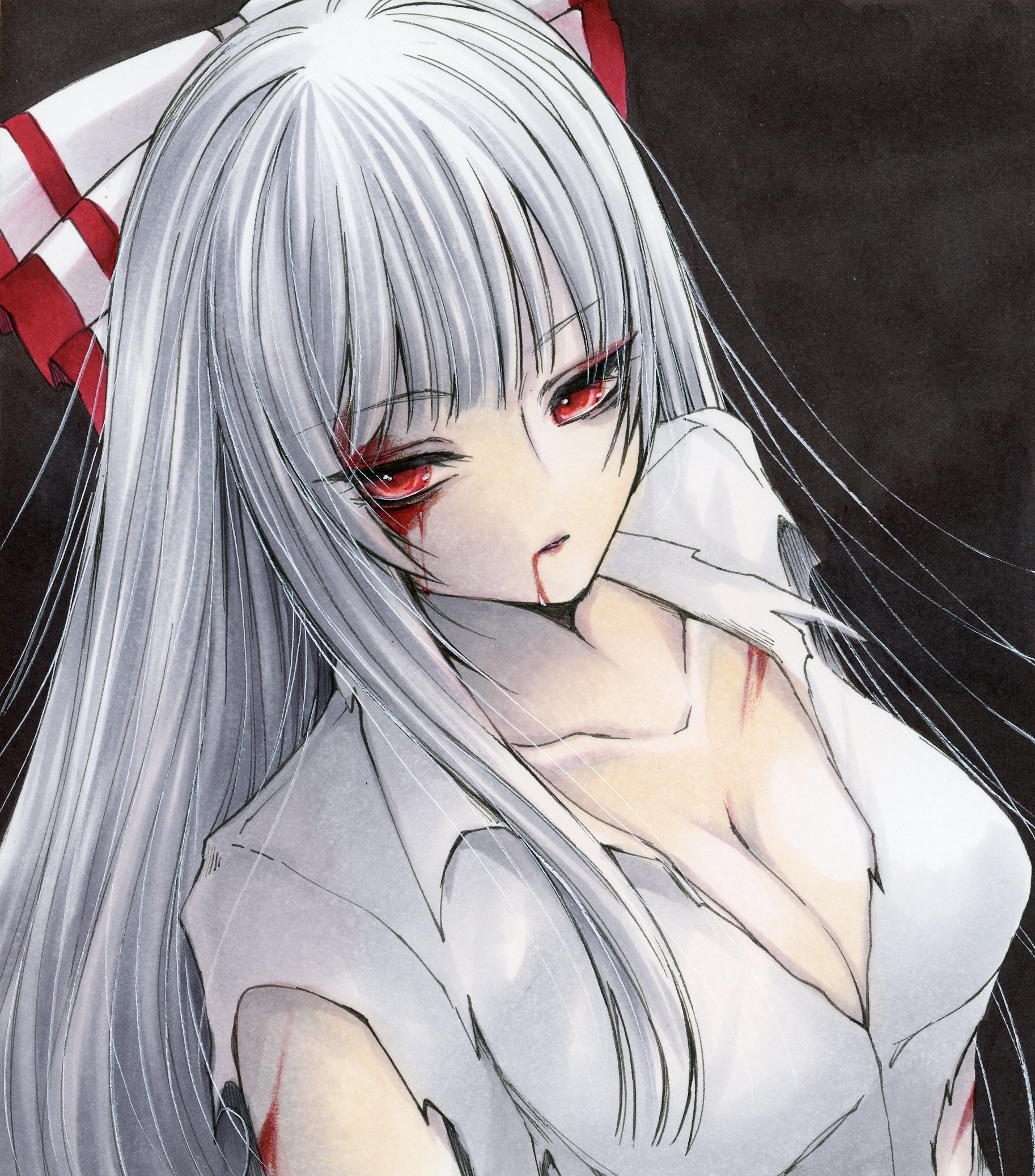yuuki hana (jtnp5334), fujiwara no mokou, touhou, commentary request, highres, marker (medium), traditional media, 1girl, blood, blood from mouth, blood on arm, blood on face, bow, breasts, cleavage, closed mouth, collarbone, grey hair, hair bow, long hair, looking at viewer, red eyes, shirt, solo, torn clothes, torn sleeves, white bow, white shirt