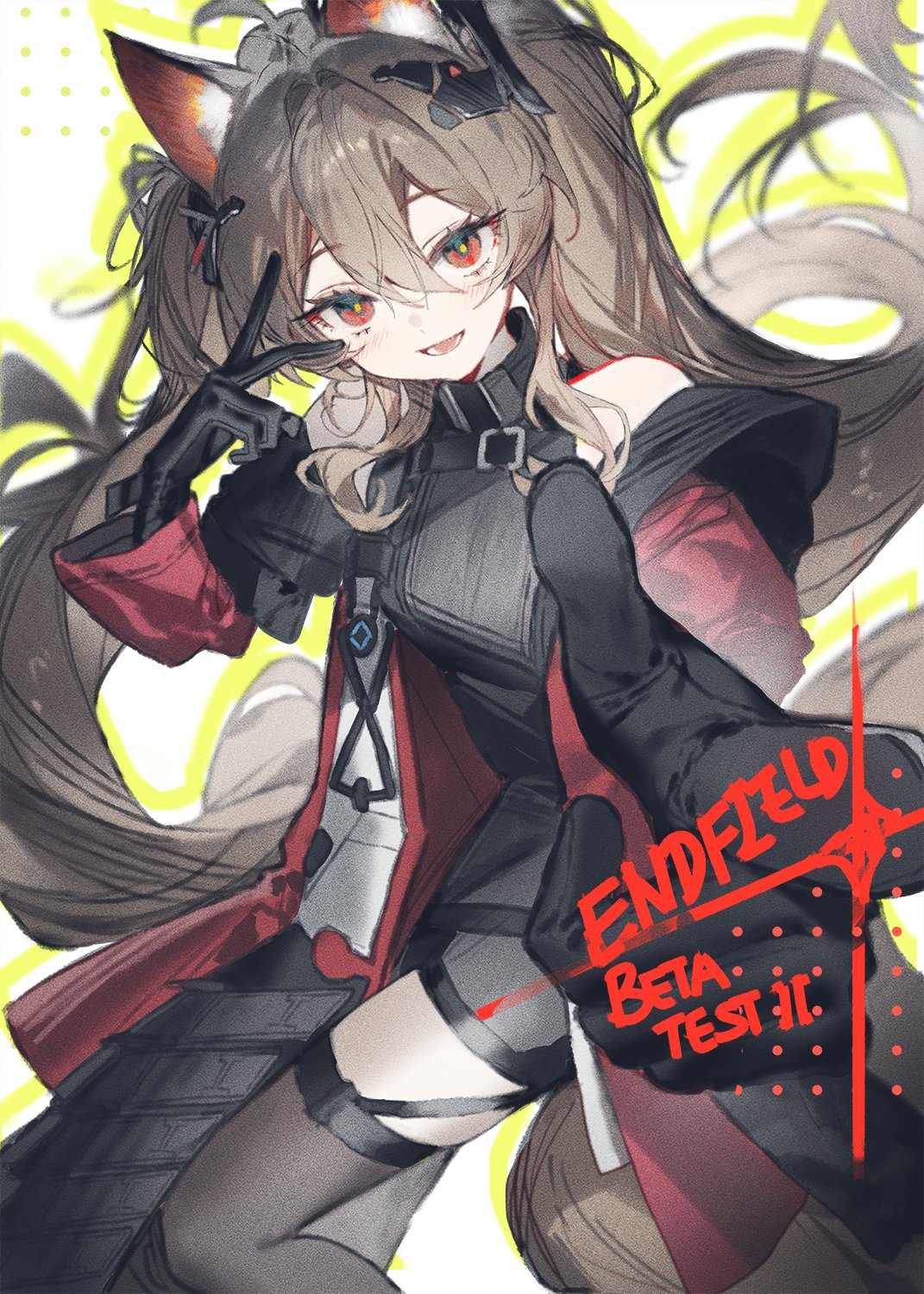 lentain, angelina (arknights), gilberta (arknights), arknights, arknights: endfield, commentary, highres, symbol-only commentary, 1girl, bare shoulders, black gloves, black thighhighs, breasts, brown eyes, brown hair, english text, gloves, hair between eyes, long hair, looking at viewer, medium breasts, solo, thighhighs, thighs, twintails