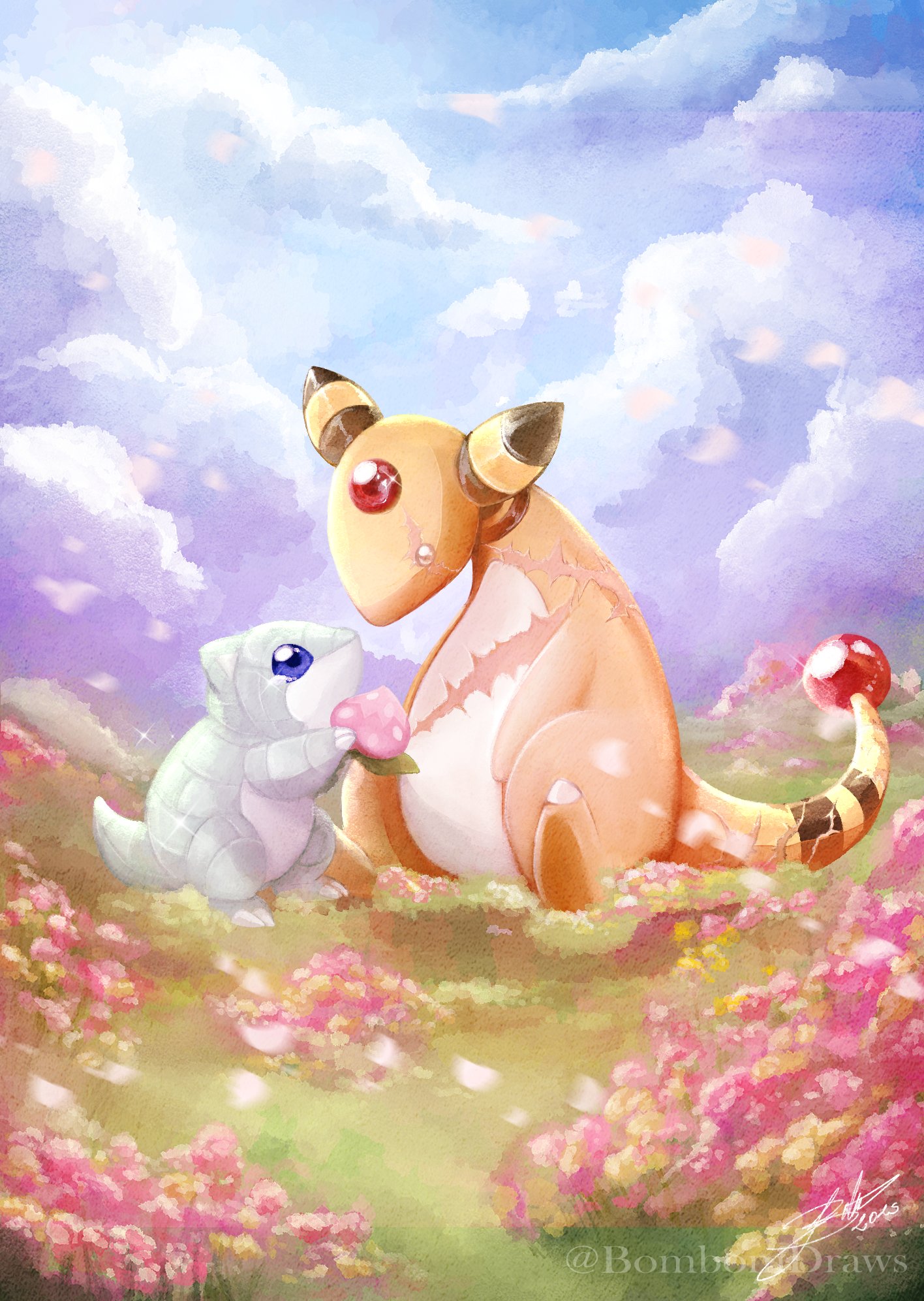 ampharos, sandshrew, nintendo, pokemon, commentary, english commentary, highres, alternate color, berry (pokemon), blue eyes, blue sky, bombomdraws, cloud, crying, flower, food, gen 1 pokemon, gen 2 pokemon, glint, holding, holding food, no humans, pecha berry, pokemon (creature), scar, scar across eye, scar on face, scar on stomach, scar on tail, shiny pokemon, sky, tears