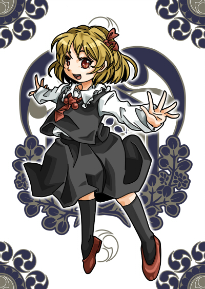 makako, makako (yume bouei shoujo tai), rumia, embodiment of scarlet devil, touhou, 1girl, blonde hair, female focus, hair ribbon, outstretched arms, red eyes, ribbon, short hair, solo, spread arms