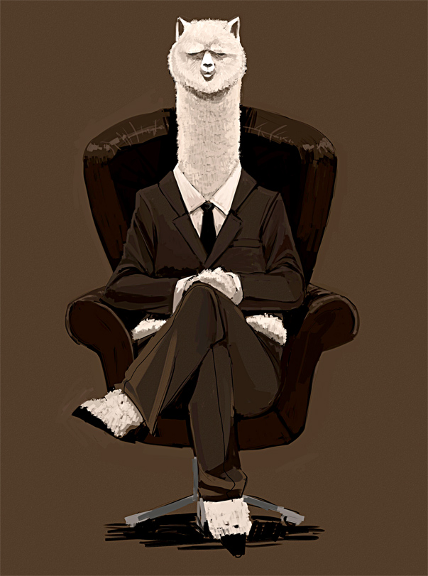 suko mugi, original, 1boy, alpaca, brown background, chair, crossed legs, formal clothes, looking at viewer, male focus, necktie, simple background, sitting, solo, suit, what