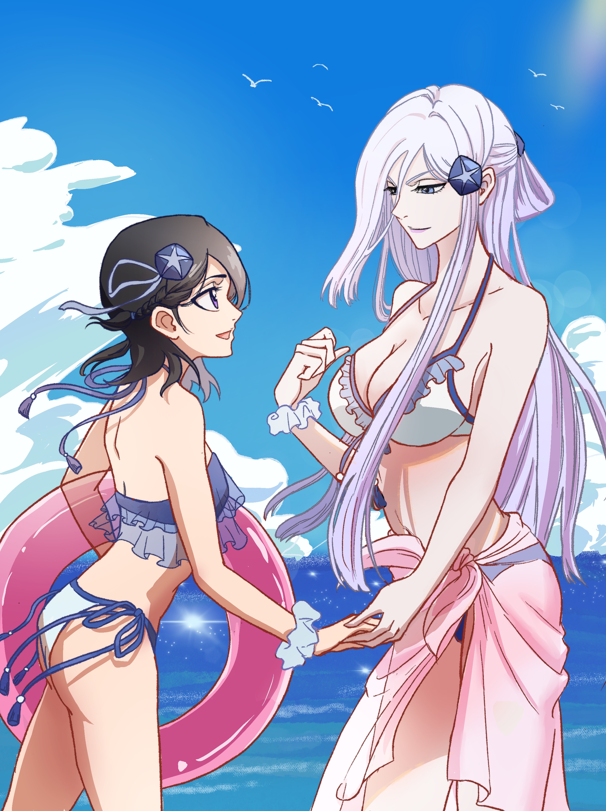 kuchiki rukia, sode no shirayuki, bleach, absurdres, commentary request, highres, 2girls, ass, bikini, black hair, blue background, blue eyes, blue sky, breasts, chi mei wang liang, cleavage, cloud, collarbone, halterneck, hand grab, large breasts, lens flare, multiple girls, ocean, open mouth, pink skirt, purple eyes, scrunchie, side-tie bikini bottom, simple bird, skirt, sky, small breasts, smile, swimsuit, white background, white hair, wrist scrunchie