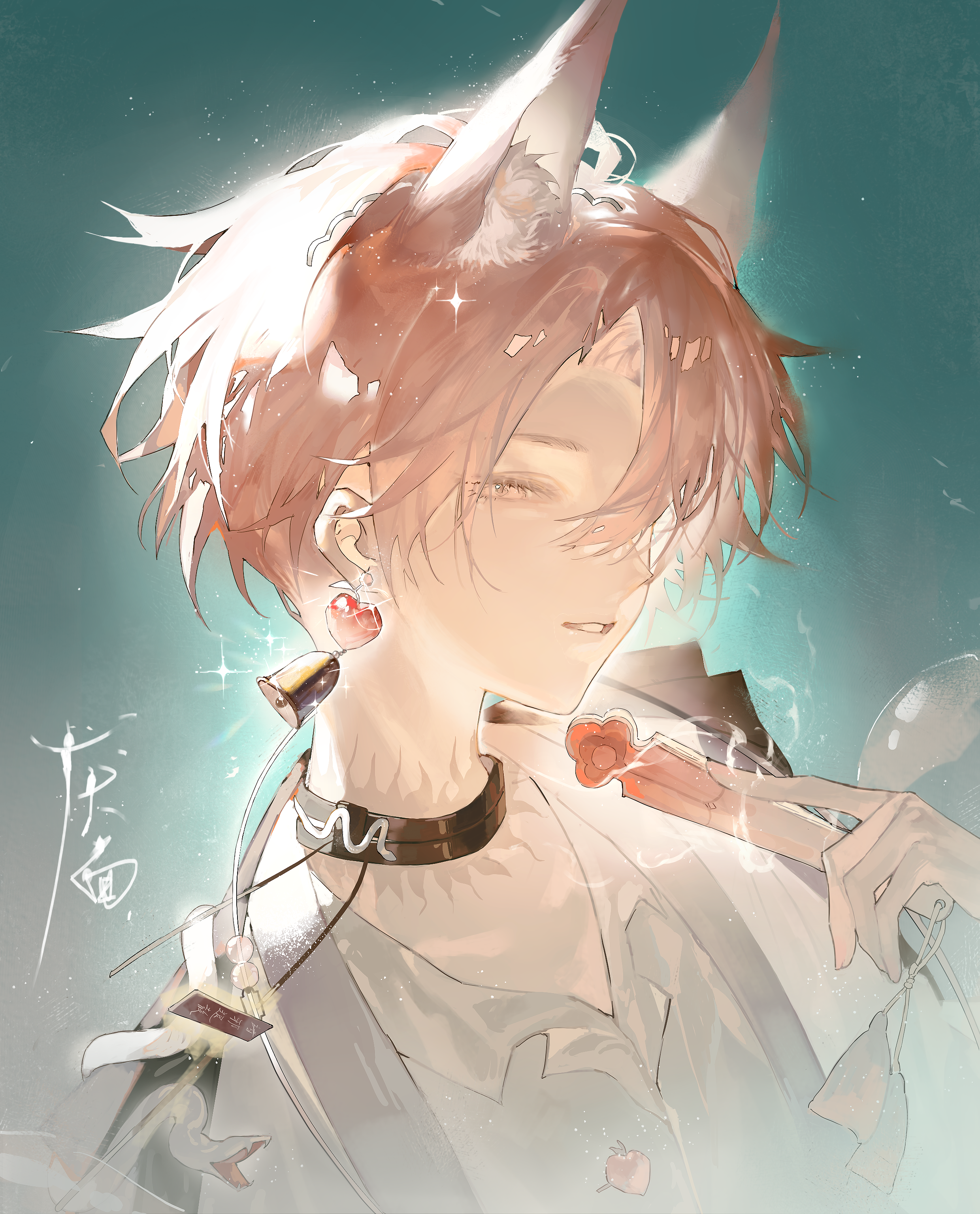 reji (weibo 6496333450), absurdres, highres, animal, animal ears, hand fan, holding, holding fan, male focus
