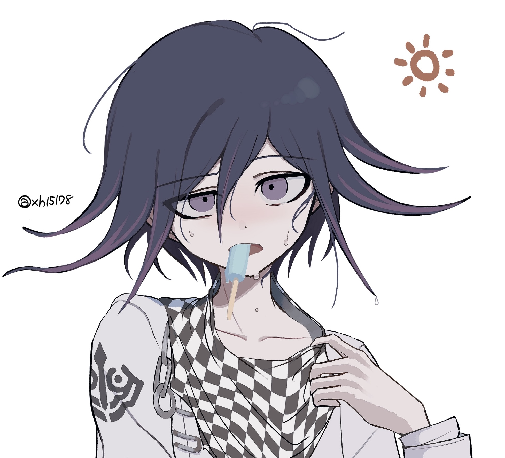 oma kokichi, danganronpa (series), danganronpa v3: killing harmony, commentary request, highres, 1boy, adjusting scarf, black hair, checkered clothes, checkered scarf, collarbone, flipped hair, food, food in mouth, hair between eyes, hot, long sleeves, looking at viewer, male focus, melting popsicle, oguma (ogm), popsicle, popsicle in mouth, portrait, purple eyes, purple hair, scarf, short hair, simple background, solo, sweat, twitter username, white background