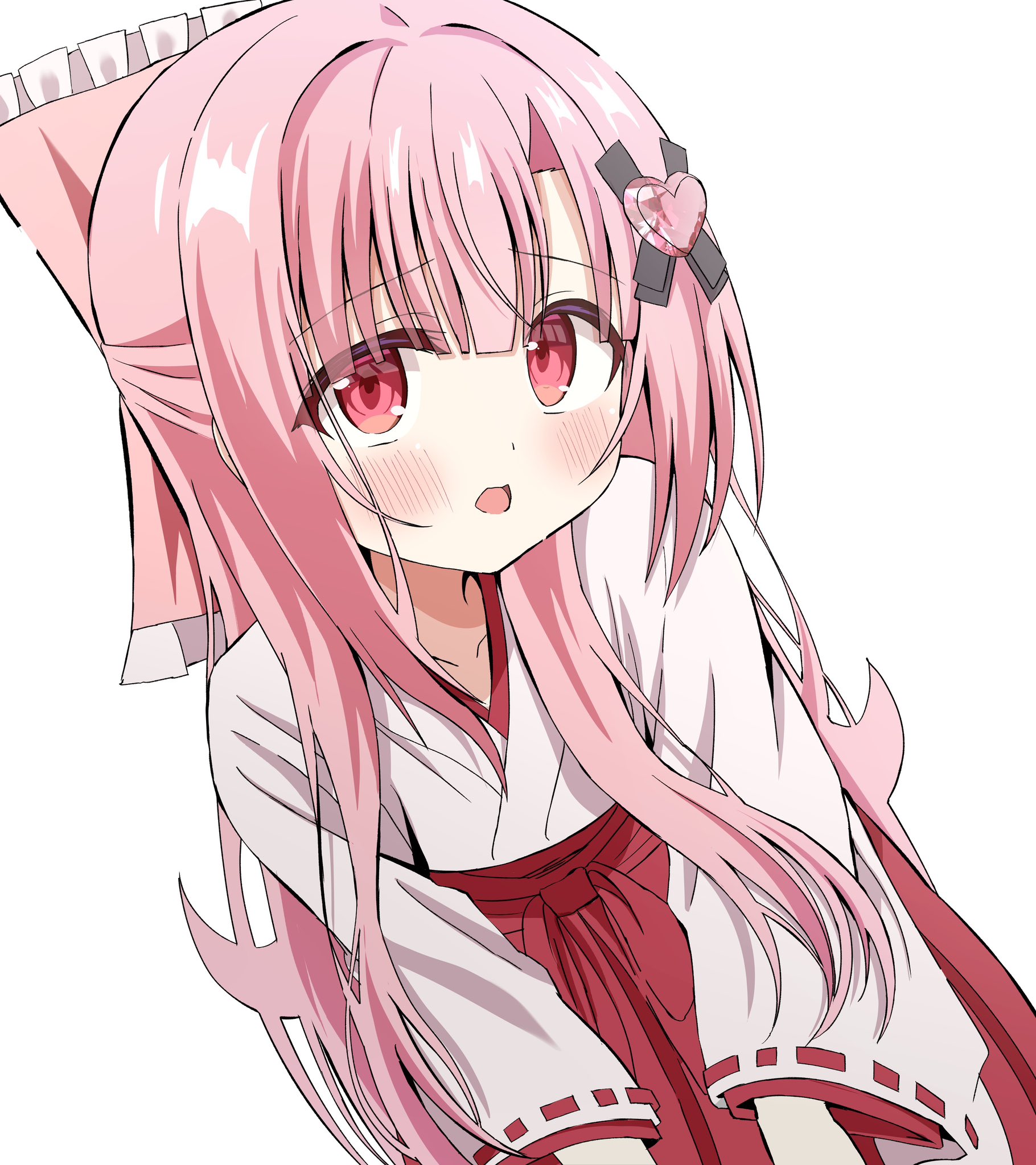 yozakura souki, artina fialard (yozakura souki), original, highres, 1girl, blunt bangs, blush, bow, collarbone, dutch angle, hair bow, hair ornament, hakama, heart, heart hair ornament, japanese clothes, kimono, long hair, long sleeves, looking at viewer, miko, open mouth, pink bow, pink hair, red eyes, red hakama, ribbon-trimmed sleeves, ribbon trim, sidelocks, solo, white background, wide sleeves