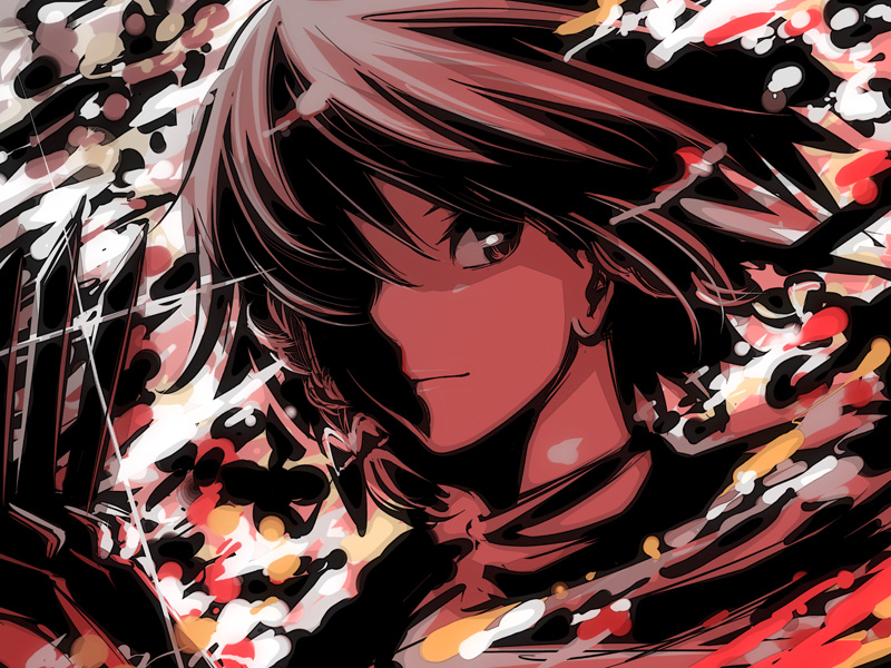 nazo kichi, izayoi sakuya, touhou, 1girl, between fingers, braid, female focus, high contrast, holding, knife, light smile, looking back, portrait, red theme, short hair, solo, twin braids