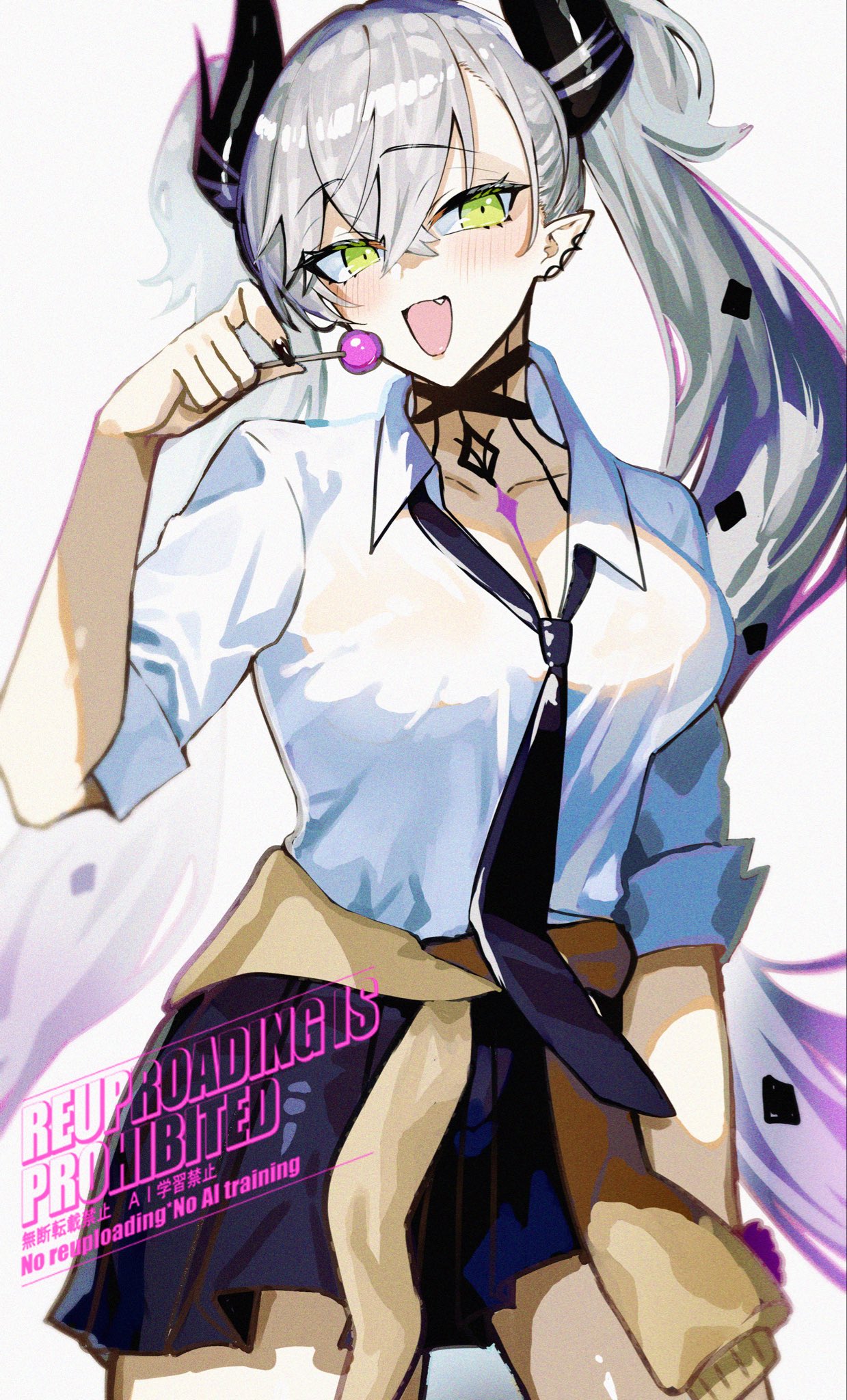 kabosoi mangaka, lilith (fate), fate/grand order, fate (series), commentary request, highres, 1girl, black skirt, blush, body markings, breasts, candy, choker, clothes around waist, collared shirt, crossed bangs, demon girl, demon horns, ear piercing, food, green eyes, grey hair, hair between eyes, horns, large breasts, lollipop, long hair, looking at viewer, open mouth, piercing, pointy ears, shirt, short sleeves, skirt, smile, solo, sweater, sweater around waist, thighs, twintails, very long hair, white shirt, yellow sweater