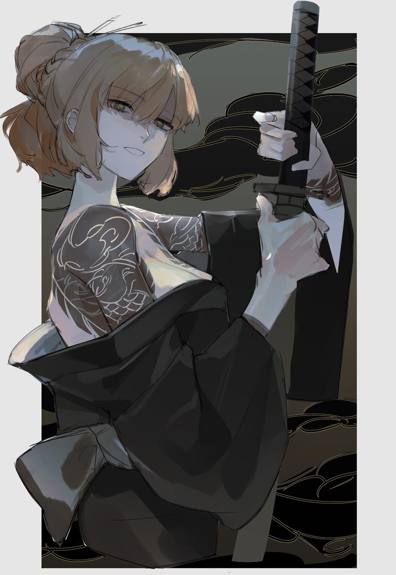 ishmael (project moon), limbus company, project moon, commentary, 1girl, bare back, bare shoulders, black background, black kimono, bow, bowtie, breasts, cloud background, freckles, green eyes, hair ornament, hairpin, holding, holding sword, holding weapon, japanese clothes, katana, kimono, kurokumo clan (identity) (project moon), looking at viewer, medium breasts, multiple hairpins, muted color, orange hair, sheath, shoulder tattoo, smile, solo, sword, tattoo, teeth, unsheathing, weapon