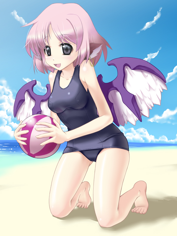 you naka, mystia lorelei, touhou, 1girl, bad anatomy, bad feet, ball, barefoot, beach, beachball, black eyes, breasts, day, earrings, feet, female focus, full body, jewelry, kneeling, one-piece swimsuit, outdoors, pink hair, poorly drawn, school swimsuit, short hair, sky, solo, swimsuit, wings