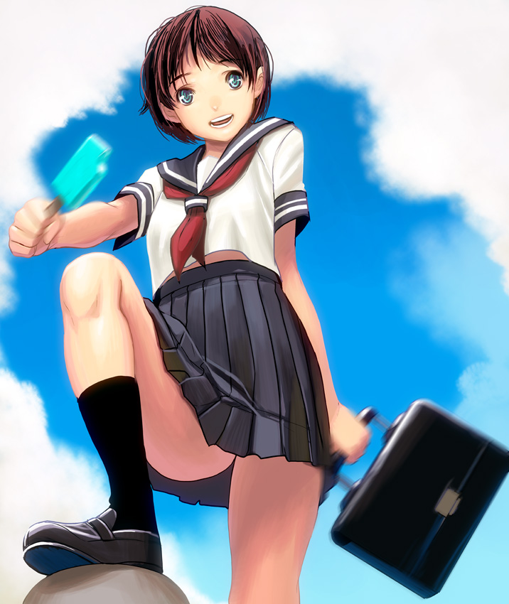 kouno (masao), original, bad id, bad pixiv id, bag, brown hair, food, from above, from below, popsicle, satchel, school uniform, short hair, solo