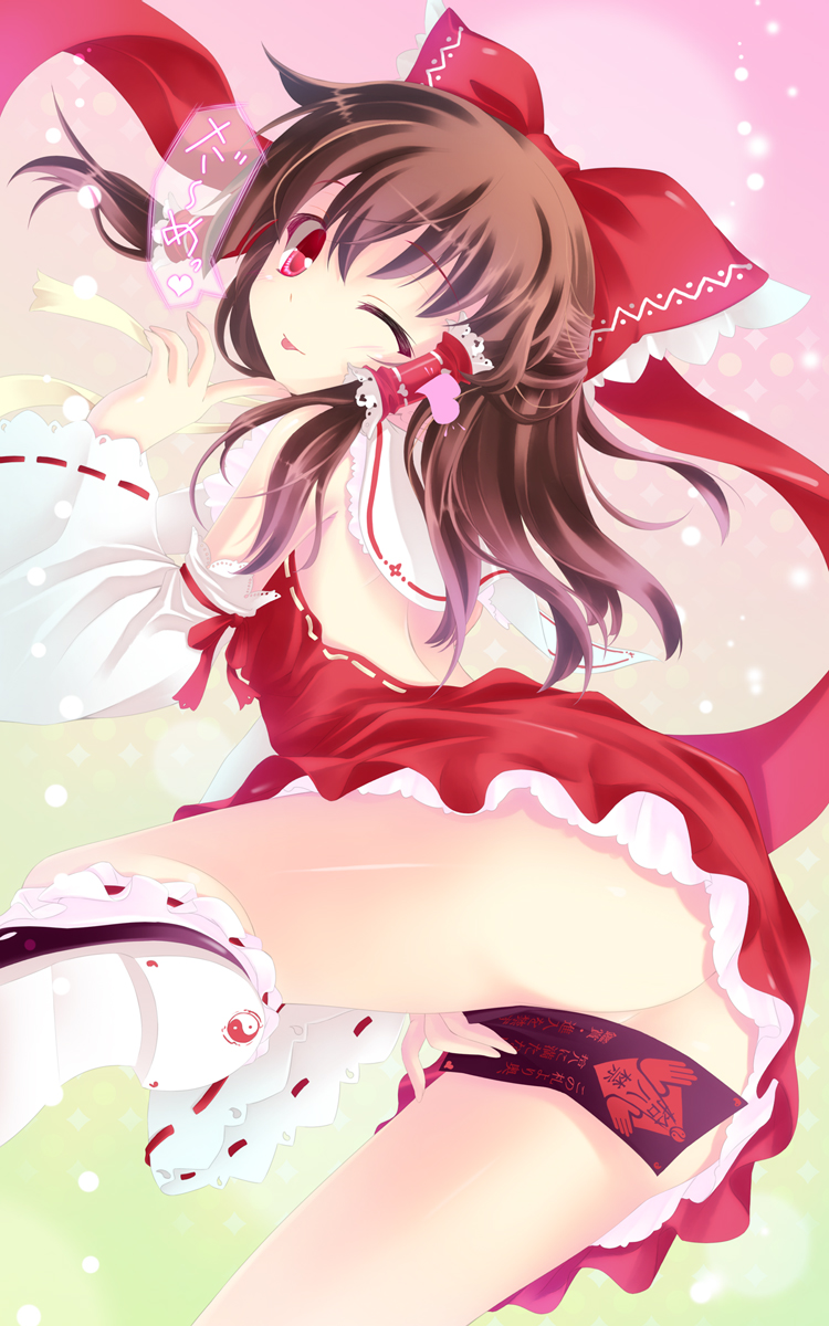 hinasaki you, hakurei reimu, touhou, highres, translation request, 1girl, :p, ;p, ass, bow, brown hair, covering crotch, covering privates, detached sleeves, female focus, finger to own chin, hair bow, long hair, no panties, ofuda, one eye closed, red eyes, ribbon-trimmed sleeves, ribbon trim, smile, solo, teasing, tongue, tongue out, wink, yin yang