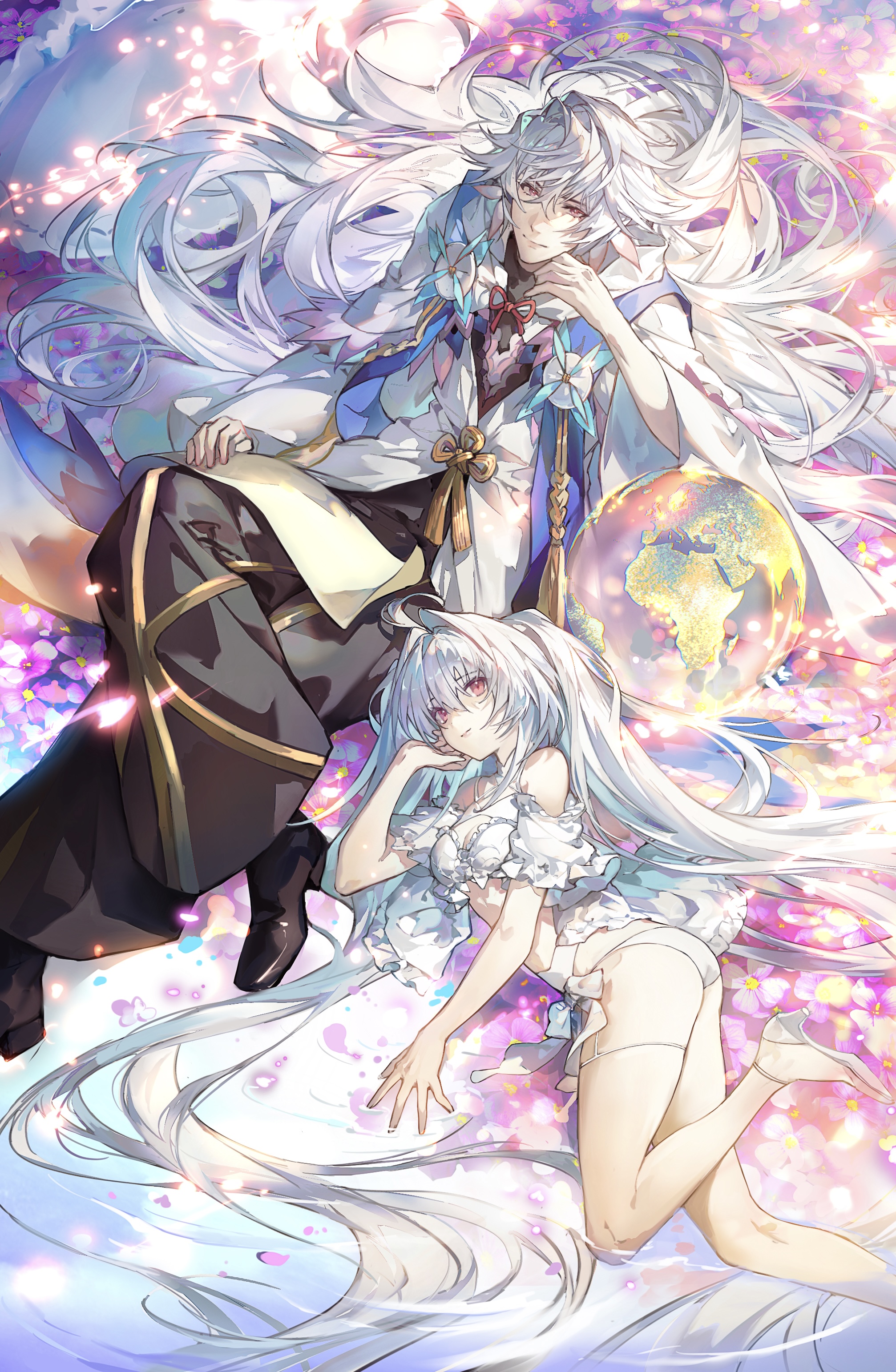 e (h798602056), lady avalon (fate), lady avalon (second ascension) (fate), merlin (fate), merlin (fate/prototype), fate/grand order, fate (series), absurdres, commentary request, highres, 1boy, 1girl, antenna hair, ass, bikini, black pants, black shoes, breasts, closed mouth, crossed legs, globe, hair between eyes, hair intakes, high heels, hood, hood down, hooded robe, long hair, looking at viewer, lying, medium breasts, pants, pink eyes, robe, shoes, sitting, smile, swimsuit, twintails, very long hair, white bikini, white hair, white robe, white shoes