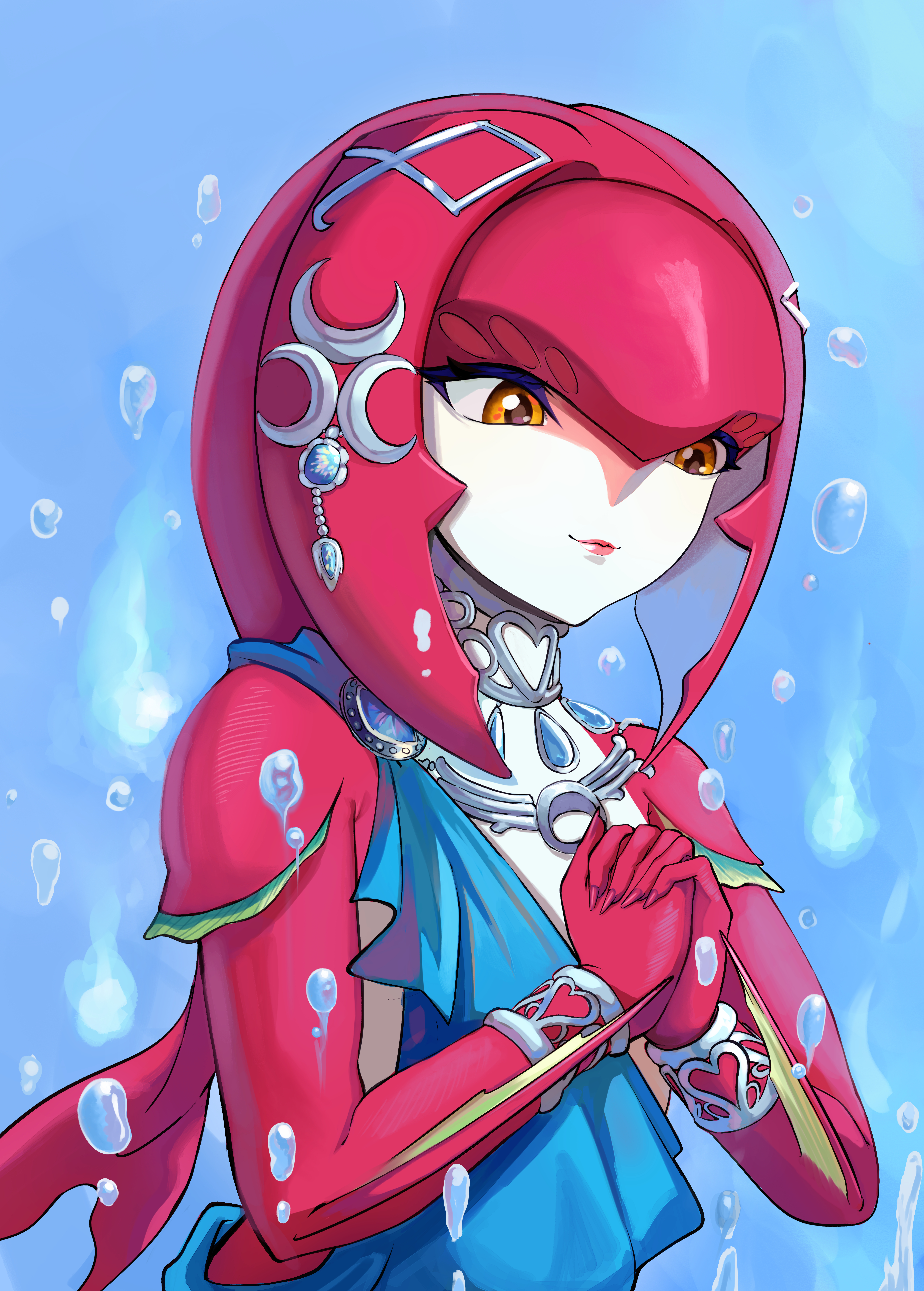 mipha, nintendo, the legend of zelda, the legend of zelda: breath of the wild, absurdres, commentary request, highres, 1girl, bracelet, breasts, closed mouth, colored skin, fingernails, fins, fish girl, hair ornament, holding, holding hands, jewelry, lips, long hair, looking at viewer, medium breasts, monster girl, multicolored skin, no eyebrows, pointy ears, red hair, red nails, red skin, sharp fingernails, smile, solo, teriteri 3, upper body, yellow eyes, zora