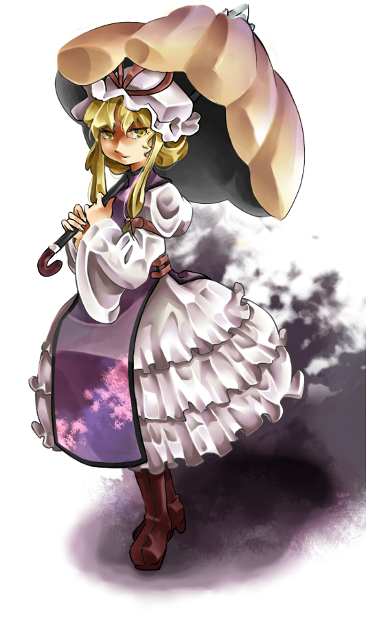 makako, makako (yume bouei shoujo tai), yakumo yukari, touhou, 1girl, blonde hair, female focus, hat, short hair, solo, umbrella, yellow eyes