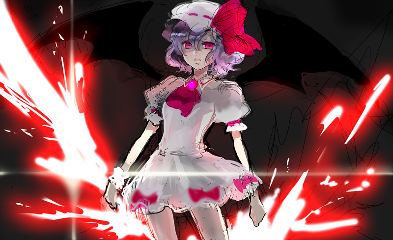 sauna (sauna d), remilia scarlet, touhou, bad id, bad pixiv id, 1girl, dress, female focus, glowing, gradient background, hat, purple hair, red eyes, short dress, short hair, sketch, solo, standing