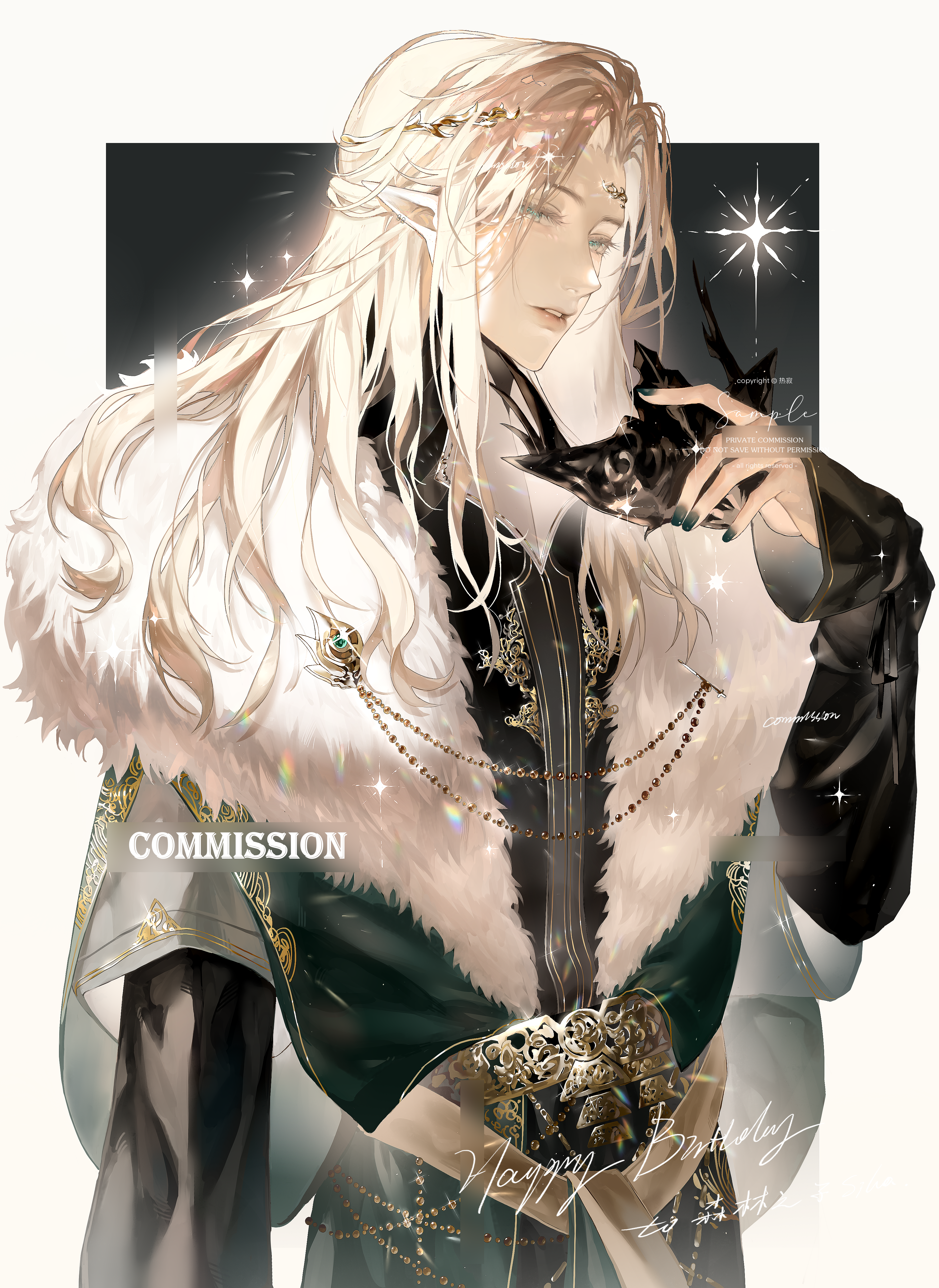 reji (weibo 6496333450), absurdres, highres, 1boy, bishounen, blonde hair, circlet, elf, fur trim, green eyes, long hair, long sleeves, looking at viewer, male focus, parted lips, pointy ears, solo, sparkle, upper body, white hair