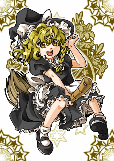 makako, makako (yume bouei shoujo tai), kirisame marisa, touhou, 1girl, blonde hair, braid, broom, broom riding, female focus, hat, mary janes, shoes, short hair, solo, witch, witch hat, yellow eyes