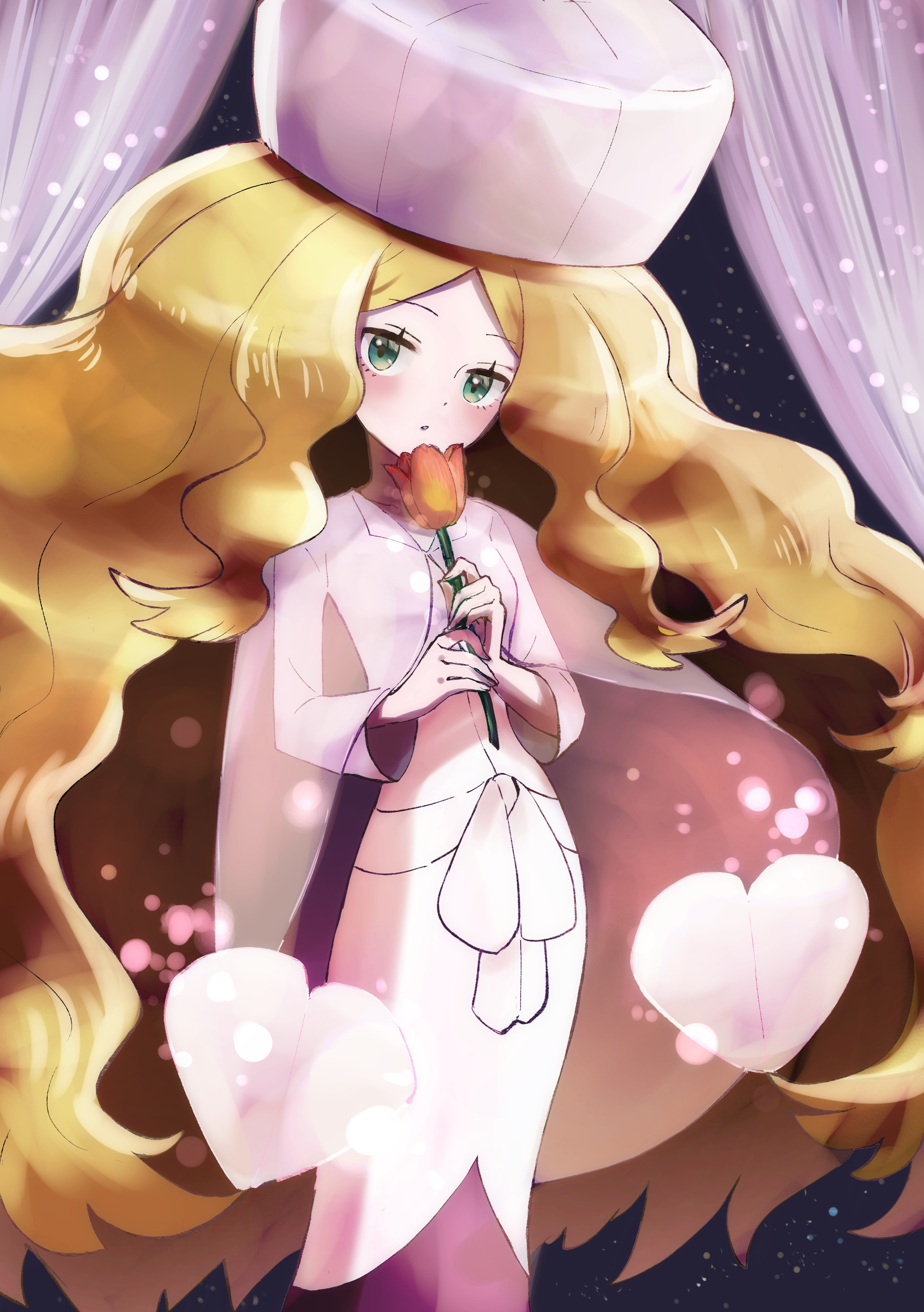 rin (pen-s722), caitlin (pokemon), nintendo, pokemon, pokemon bw, absurdres, commentary request, highres, 1girl, blonde hair, blush, closed mouth, dress, flower, green eyes, hat, holding, holding flower, long hair, long sleeves, looking at viewer, parted bangs, see-through cloak, sidelocks, solo, very long hair