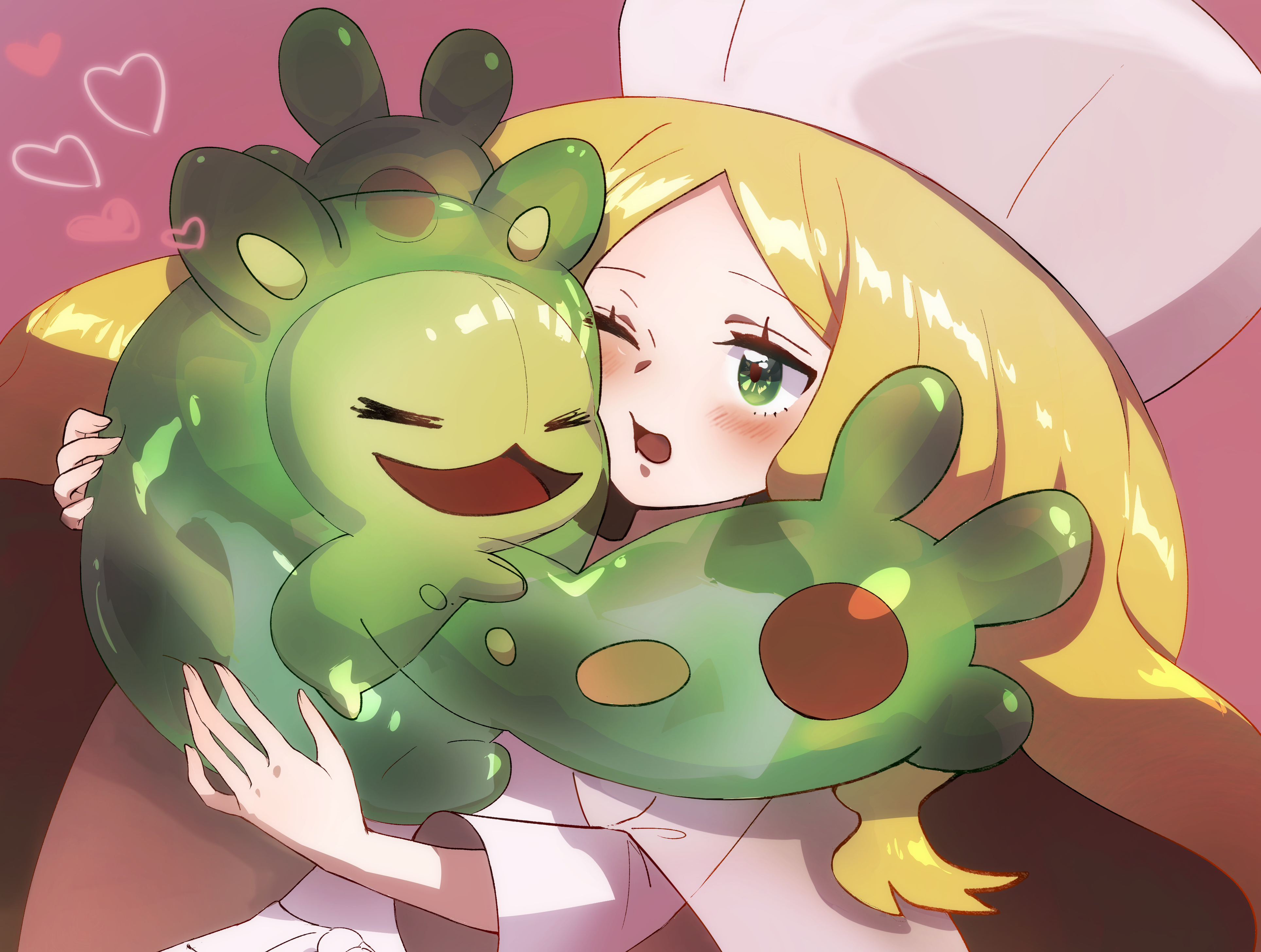 rin (pen-s722), caitlin (pokemon), reuniclus, nintendo, pokemon, pokemon bw, absurdres, commentary request, highres, 1girl, blush, cheek press, dress, eyelashes, gen 5 pokemon, green eyes, hands up, hat, heart, holding, holding pokemon, open mouth, parted bangs, pokemon (creature), sidelocks