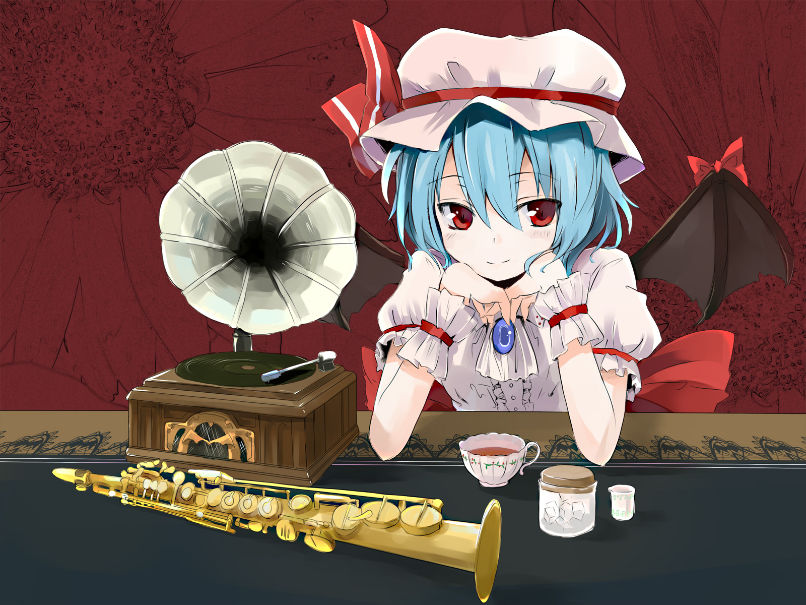 gotyou, remilia scarlet, touhou, highres, 1girl, bat wings, blue hair, female focus, hat, head rest, instrument, phonograph, red eyes, saxophone, short hair, smile, solo, tea, wings, wrist cuffs