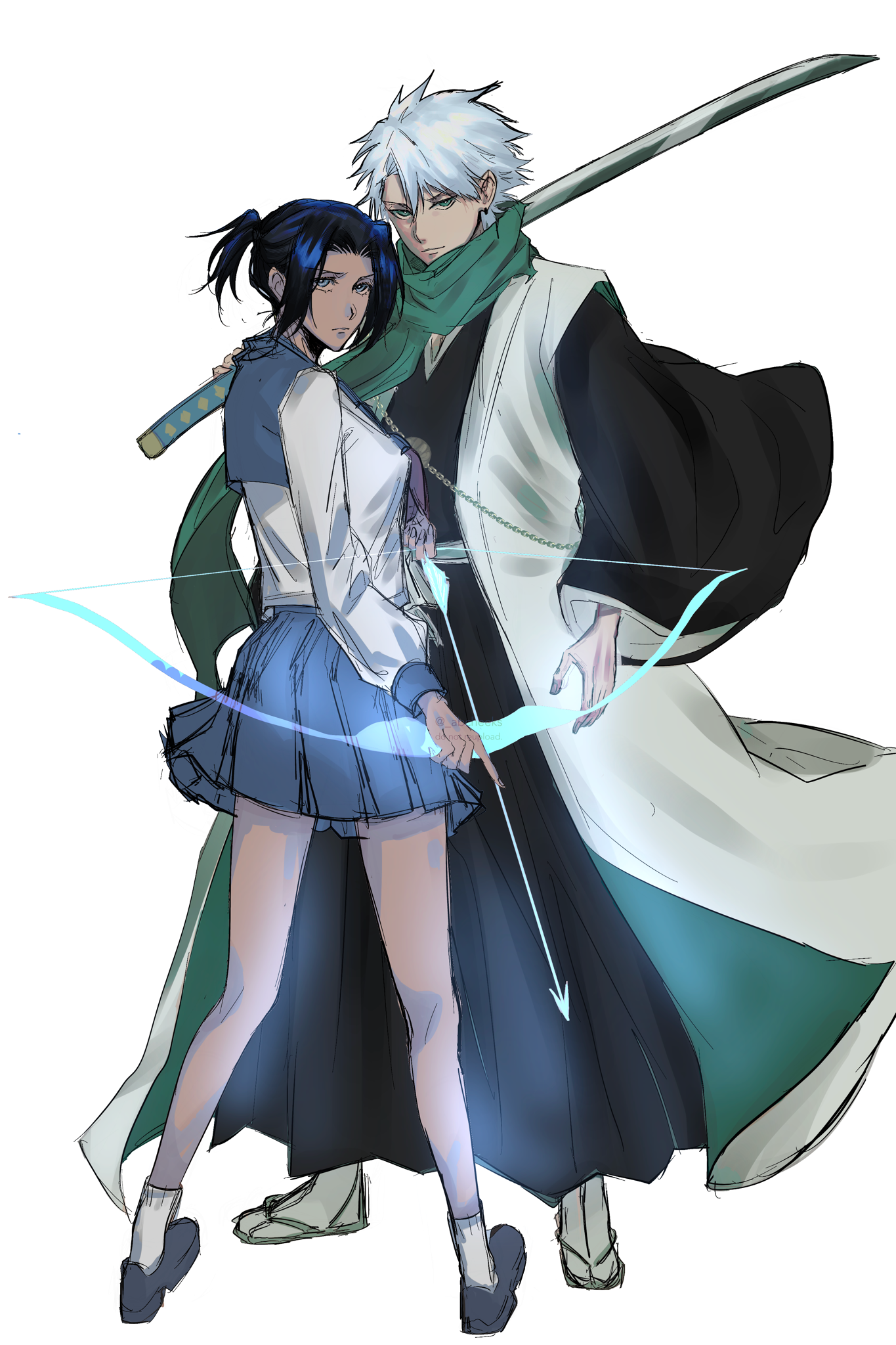hitsugaya toushirou, kurosaki karin, bleach, bleach: sennen kessen-hen, commentary, english commentary, highres, 1boy, 1girl, almightybuttcheeks, alternate universe, arrow (projectile), black hair, black shoes, blue eyes, bow (weapon), breasts, green eyes, green scarf, haori, holding, holding arrow, holding bow (weapon), holding sword, holding weapon, japanese clothes, long sleeves, medium breasts, miniskirt, pleated skirt, ponytail, puffy long sleeves, puffy sleeves, quincy (bleach), sandals, scarf, school uniform, serafuku, shihakusho, shoes, short ponytail, skirt, socks, sword, taichou haori, weapon, white hair, white socks