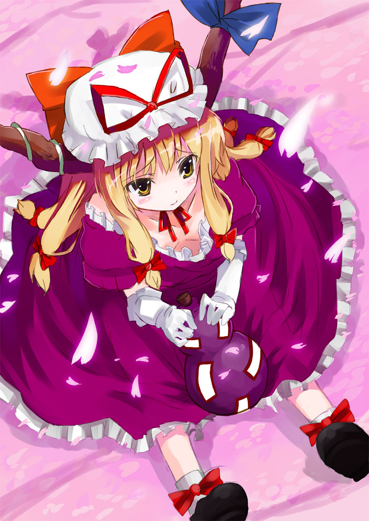 gotyou, ibuki suika, yakumo yukari, touhou, 1girl, black shoes, blonde hair, blue ribbon, bow, cherry blossoms, choker, cosplay, dress, elbow gloves, female focus, flat chest, frilled dress, frills, gloves, gourd, hair ribbon, hat, hat bow, hat ribbon, horn ornament, horn ribbon, horns, if they mated, long hair, mob cap, petals, purple dress, red bow, red ribbon, ribbon, ribbon choker, shoes, short sleeves, sitting, socks, solo, white gloves, white hat, yakumo yukari (cosplay), yellow eyes