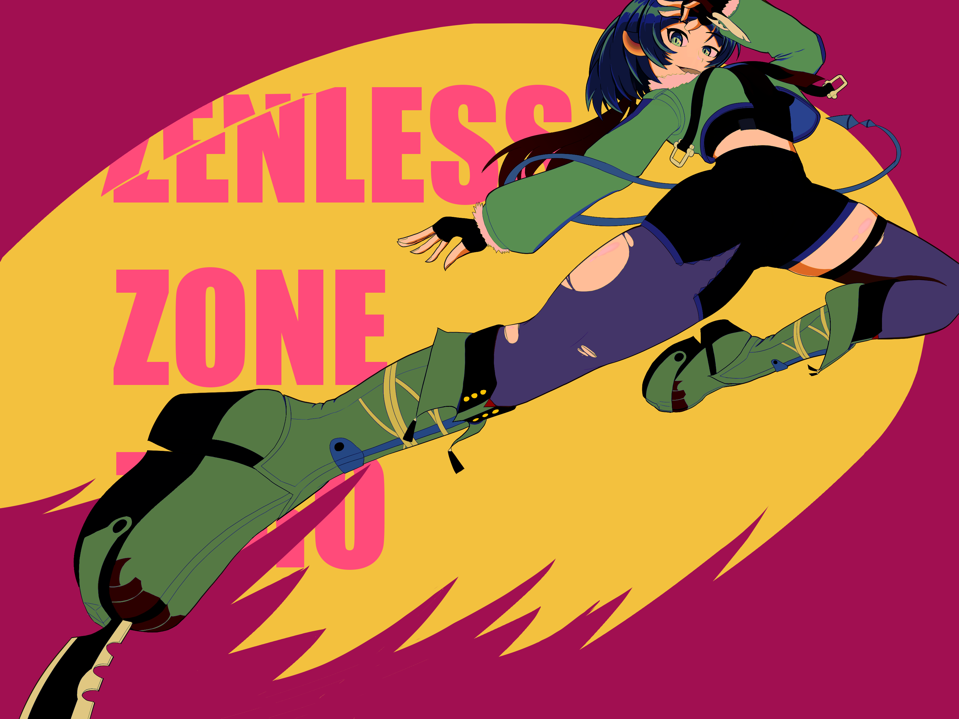 jane doe (zenless zone zero), zenless zone zero, absurdres, commentary request, highres, arms up, bright background, colorful background, english text, from behind, joshu (pixiv 121811996), looking at viewer, pantyhose, shoes, short hair, smile, torn clothes, torn pantyhose