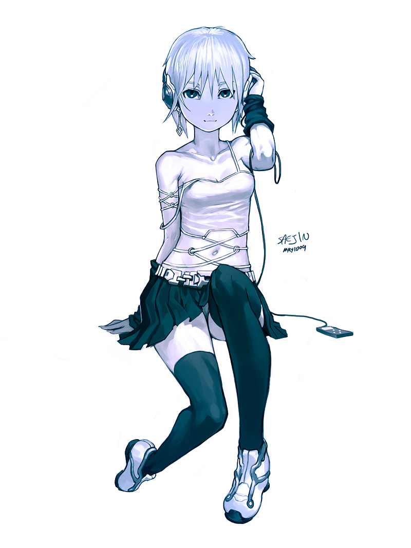 saejin oh, original, silver hair, bad deviantart id, bad id, 1girl, bare shoulders, female focus, grey eyes, headphones, legs, midriff, mp3 player, panties, pantyshot, simple background, sitting, skirt, solo, strap slip, thighhighs, underwear