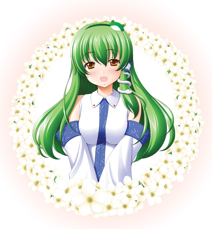 sin-go, kochiya sanae, touhou, 1girl, breasts, detached sleeves, female focus, flower, frog, green hair, hair ornament, hair tubes, long hair, single hair tube, snake, solo, yellow eyes
