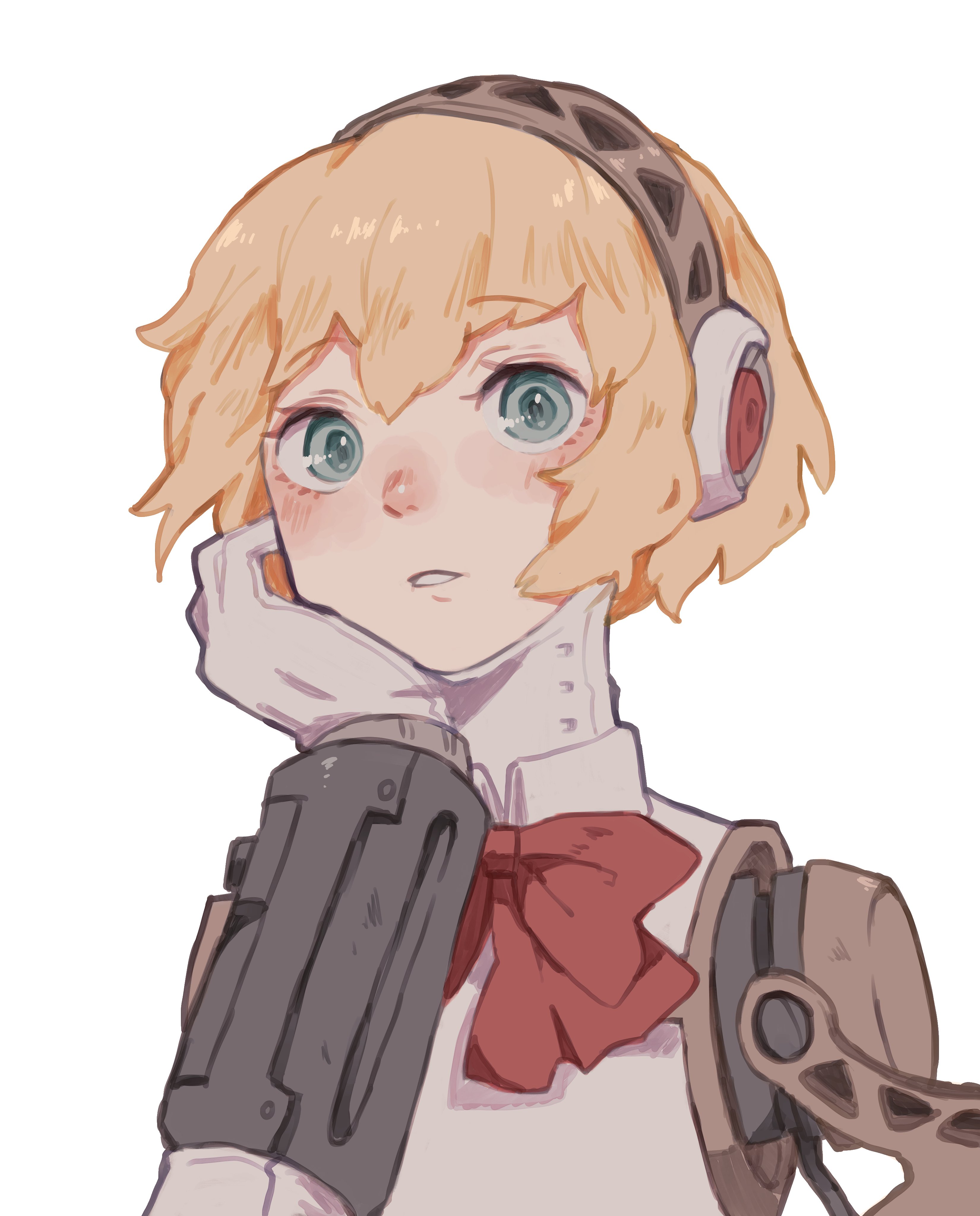 tbjj1208, aigis (persona), persona, persona 3, absurdres, highres, 1girl, android, aqua eyes, blonde hair, blush, bow, bowtie, gold hairband, hairband, hand up, head rest, joints, looking at viewer, parted lips, portrait, red bow, red bowtie, robot ears, robot joints, short hair, simple background, solo, white background