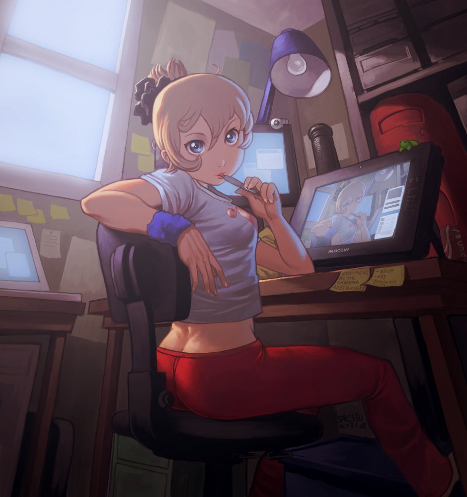 cintiq, saejin oh, original, wacom, bad deviantart id, bad id, 1girl, ass, blonde hair, blue eyes, female focus, looking back, pen, recursion, short hair, solo