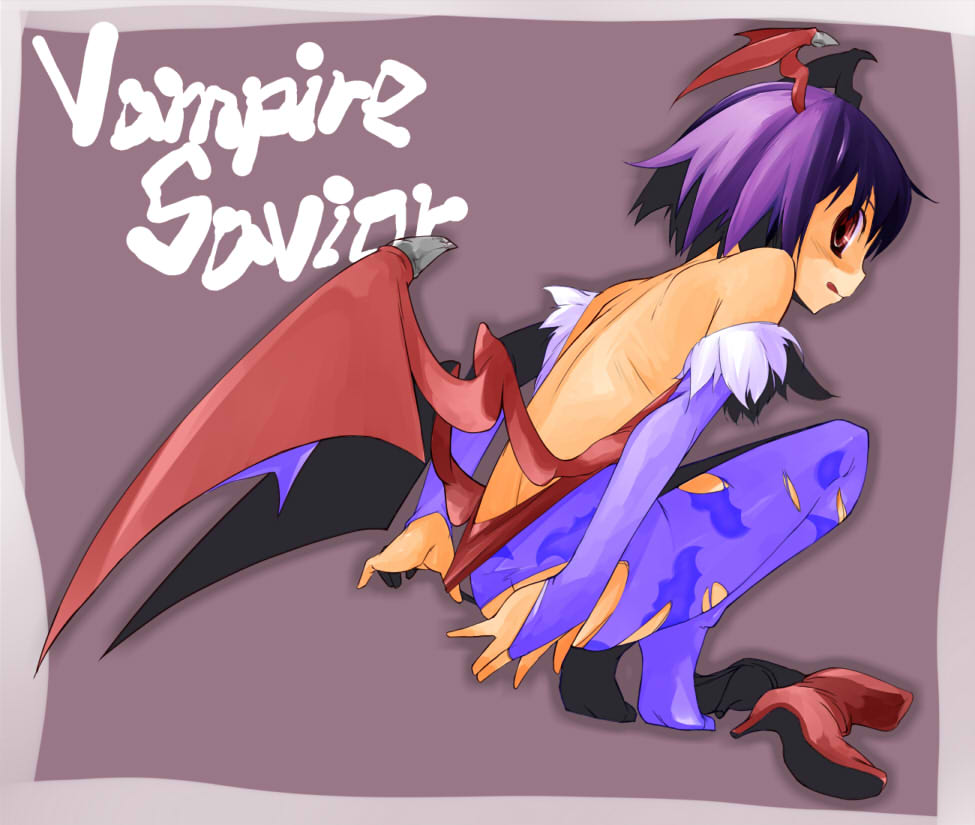 yomi (artist), lilith (darkstalkers), capcom, darkstalkers, 1girl, animal print, bare shoulders, bat print, bat wings, copyright name, demon girl, elbow gloves, female focus, gloves, head wings, leotard, looking back, low wings, pantyhose, print pantyhose, purple hair, red eyes, shoes, short hair, solo, tongue, torn clothes, torn pantyhose, unworn shoes, wings