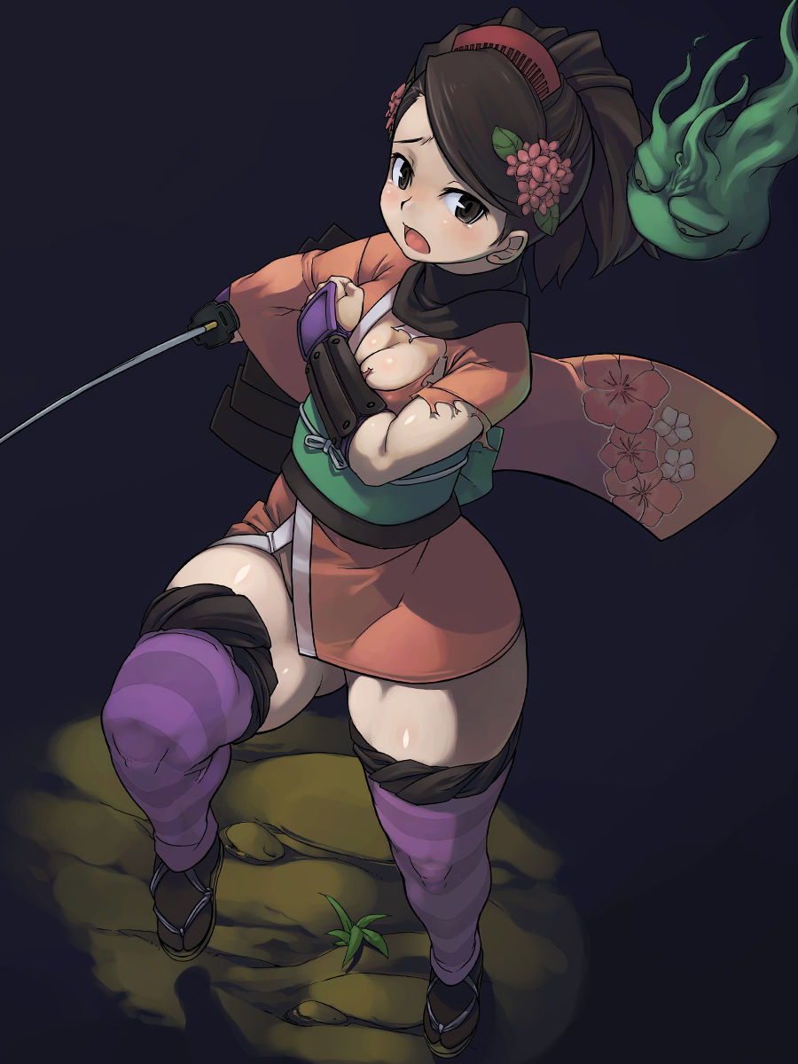 kawacchi hirohiro, izuna jinkuro, jinkuro, momohime, oboro muramasa, vanillaware, highres, 1girl, breasts, brown eyes, brown hair, cleavage, comb, curvy, floral print, flower, foreshortening, gauntlets, hair flower, hair ornament, hitodama, japanese clothes, katana, kimono, medium breasts, open mouth, ponytail, sandals, short kimono, striped clothes, striped thighhighs, sword, tabi, tears, thick thighs, thighhighs, thighs, torn clothes, weapon