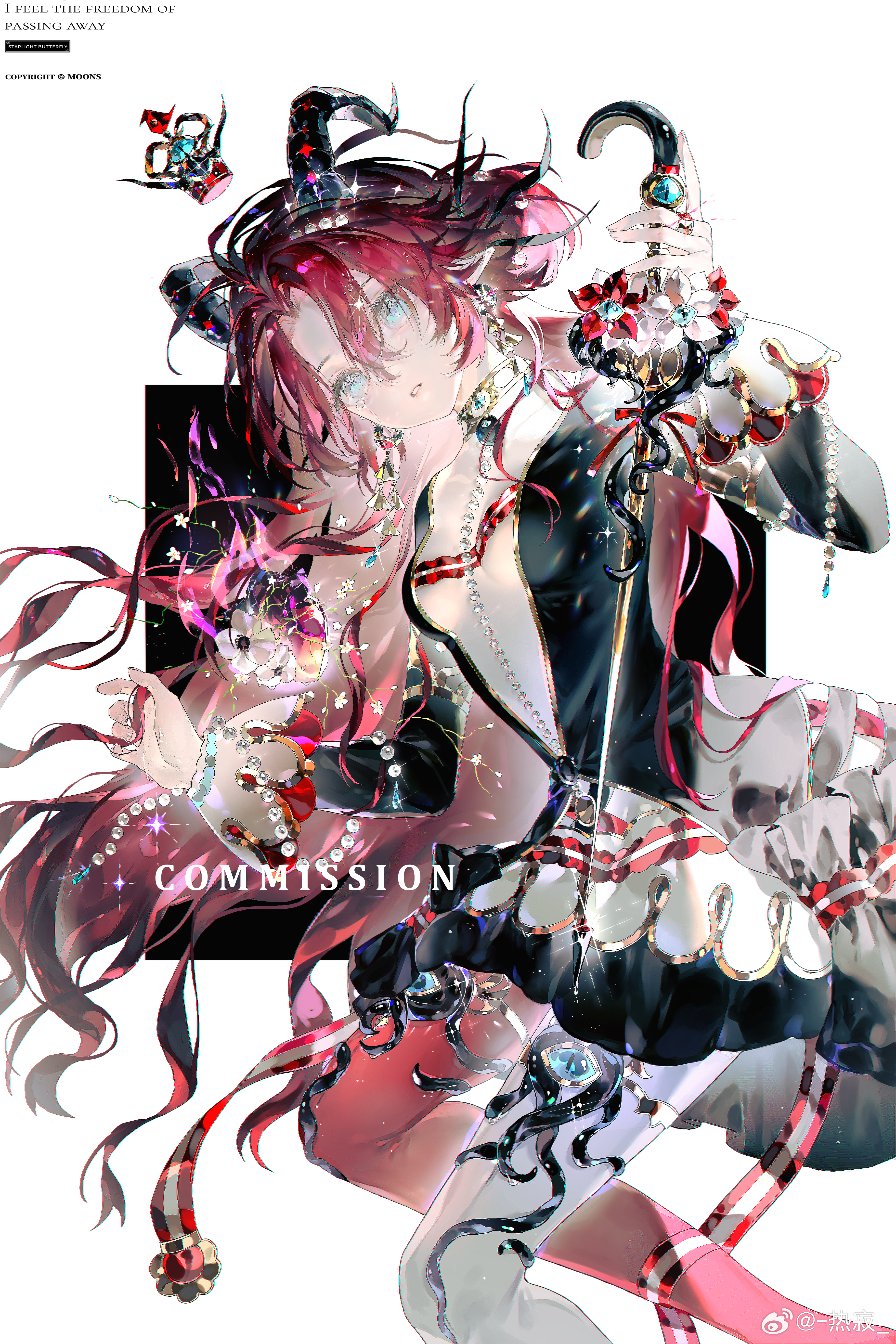 reji (weibo 6496333450), absurdres, bad link, highres, 1girl, black dress, blue eyes, crown, dress, earrings, gem, hair between eyes, holding, horns, jewelry, long hair, long sleeves, looking at viewer, parted lips, pointy ears, red hair, ring, solo, thighhighs, very long hair, white background