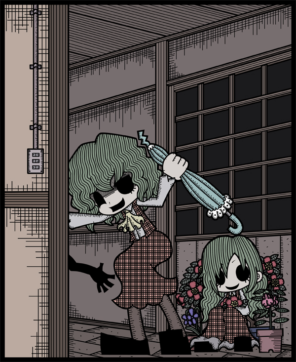 genkidaun, kazami yuuka, kazami yuuka (pc-98), touhou, touhou (pc-98), 2girls, abuse, ascot, beating, closed umbrella, dual persona, female focus, flower, green hair, holding, holding umbrella, hollow eyes, multiple girls, no eyes, pants, parasol, plaid clothes, plaid pants, plaid skirt, plaid vest, shaded face, short hair, skirt, skirt set, smirk, solid circle eyes, umbrella, vest
