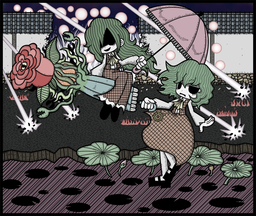 genkidaun, kazami yuuka, kazami yuuka (pc-98), touhou, touhou (pc-98), 2girls, ascot, closed umbrella, danmaku, dual persona, female focus, flower, green hair, holding, holding umbrella, hollow eyes, laser, lily pad, long hair, mary janes, multiple girls, pants, parasol, plaid clothes, plaid pants, plaid skirt, plaid vest, shaded face, shoes, short hair, skirt, skirt set, umbrella, unmoving pattern, vest