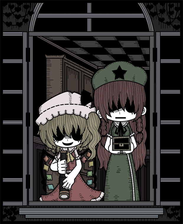 genkidaun, flandre scarlet, hong meiling, embodiment of scarlet devil, touhou, 2girls, female focus, multiple girls, no eyes, telescope, window