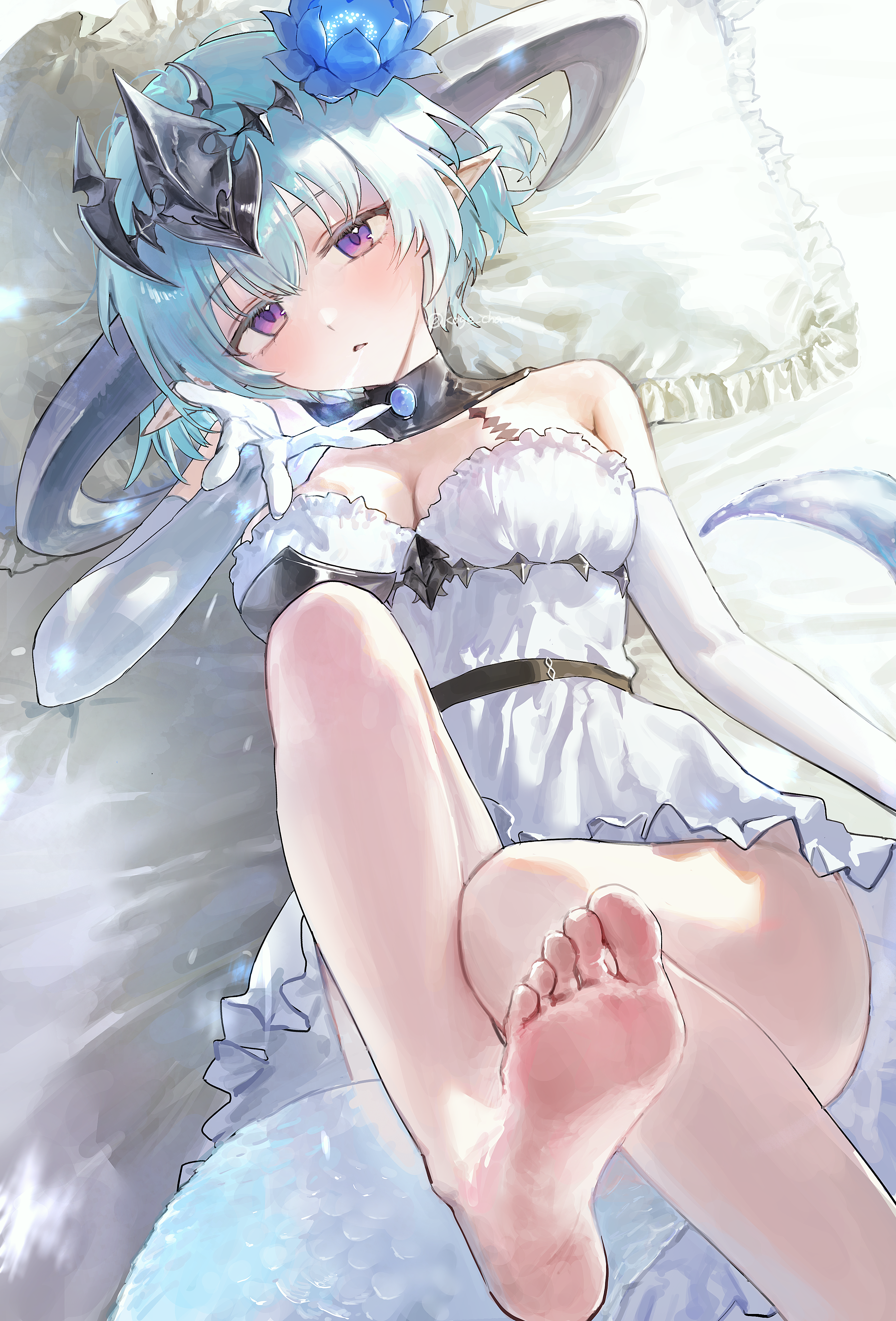 okoge (koge chan), filene (shadowverse), shadowverse, absurdres, commentary request, highres, 1girl, aqua hair, blue flower, breasts, cleavage, dragon girl, dragon horns, dragon tail, dress, elbow gloves, flower, gloves, hair between eyes, hair flower, hair ornament, headpiece, horns, looking at viewer, lying, medium breasts, on back, pillow, pointy ears, purple eyes, short hair, soles, solo, strapless, strapless dress, tail, white dress