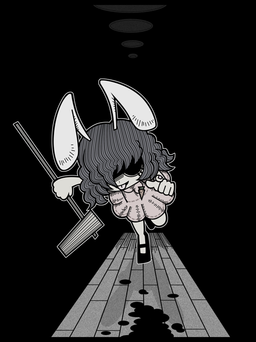 genkidaun, inaba tewi, touhou, 1girl, black background, female focus, full body, hammer, monochrome, pointing, running, solo, spot color