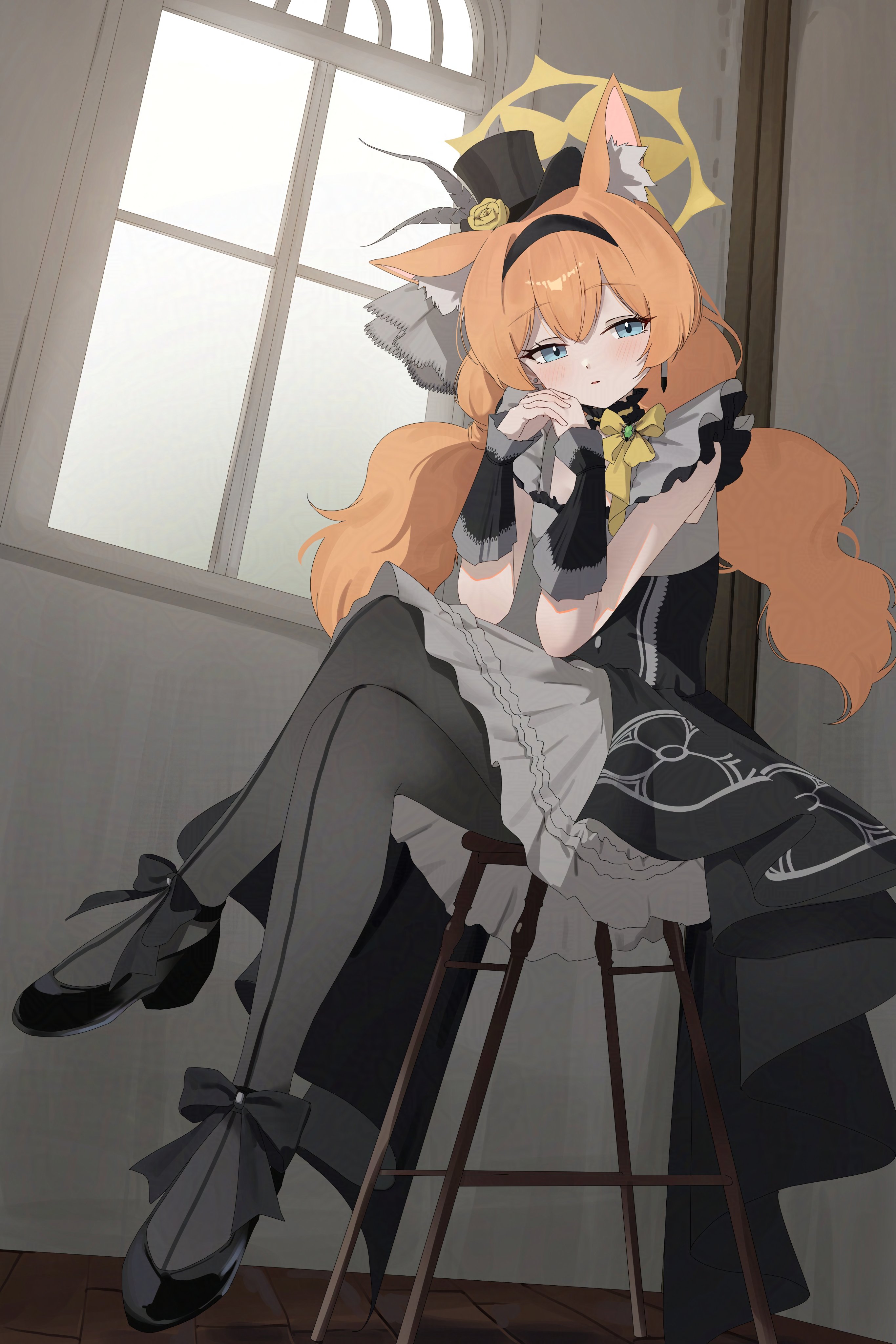 d (delt4), mari (blue archive), mari (idol) (blue archive), blue archive, fluffy hair, absurdres, commentary request, highres, 1girl, animal ear fluff, animal ears, black headband, black overskirt, black pantyhose, cat ears, choker, cosplay, crossed legs, dress, flower, frilled choker, frills, grey dress, grey feathers, halo, hat, hat flower, headband, idol clothes, interlocked fingers, looking at viewer, low twintails, mari (blue archive) (cosplay), mini hat, mini top hat, official alternate costume, orange hair, pantyhose, rose, sitting, solo, top hat, twintails, wrist wrap, yellow flower, yellow halo, yellow rose